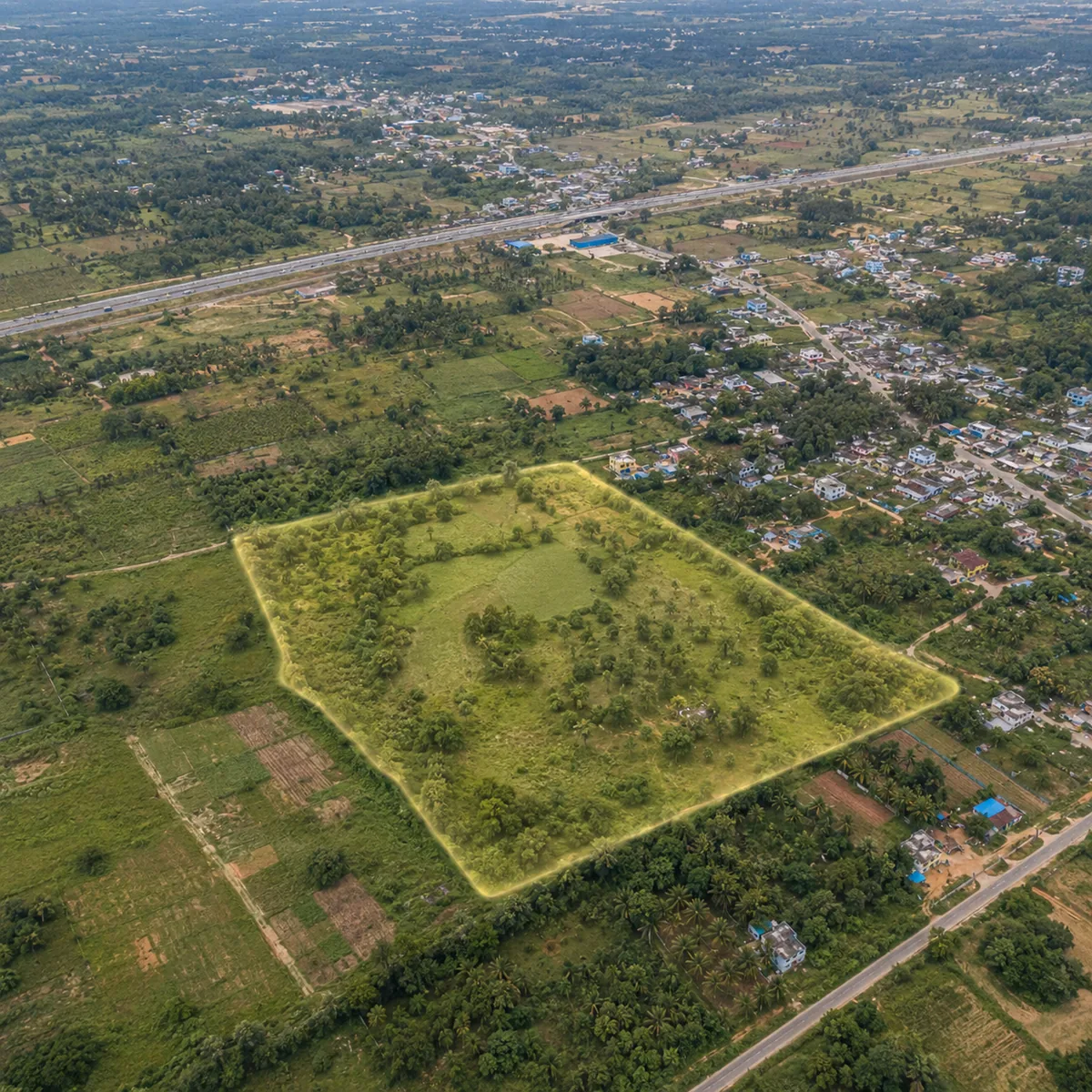 Aerial view over the farmland between Thirumalashettyhalli and Samethanahalli on Soukya Road, Hoskote taluk, with NH-648 crossing the top of the frame Aerial view over the farmland between Thirumalashettyhalli and Samethanahalli on Soukya Road, Hoskote taluk, with NH-648 crossing the top of the frame