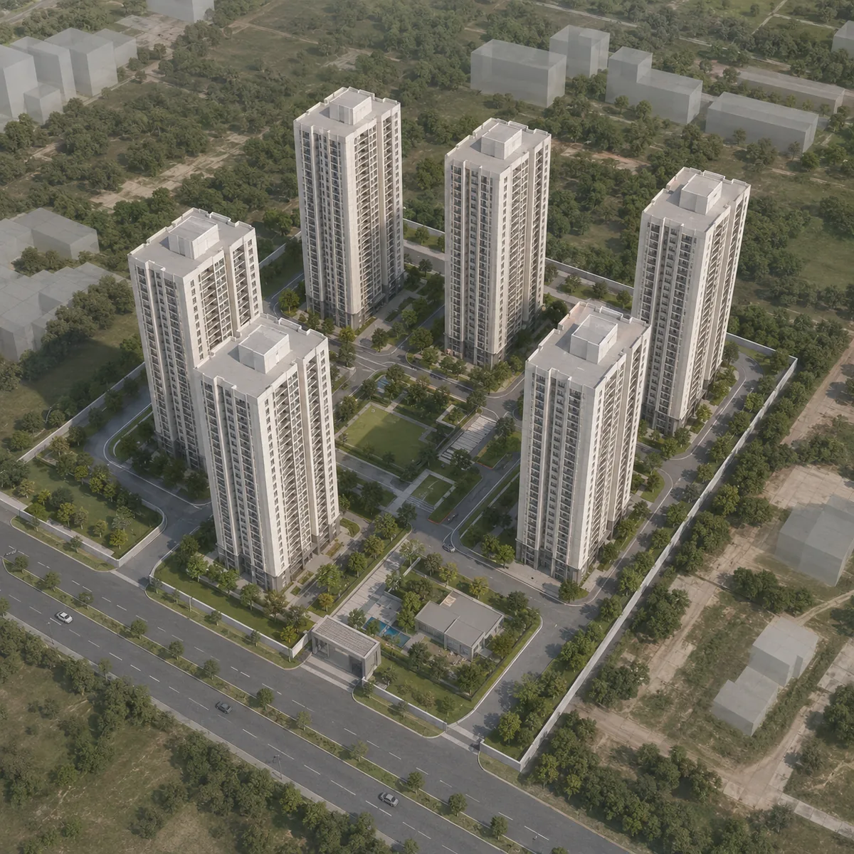 Indicative tower massing for Goyal Soukya Road showing six residential towers of roughly two basements plus ground plus 24 floors on a 12-acre parcel Indicative tower massing for Goyal Soukya Road showing six residential towers of roughly two basements plus ground plus 24 floors on a 12-acre parcel