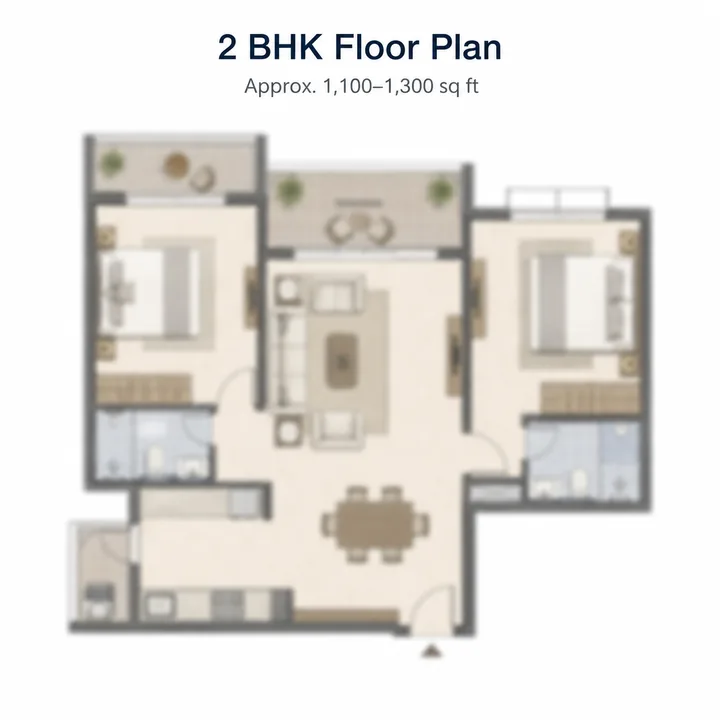 Goyal Soukya Road 2 BHK apartment floor plan, indicative 1,100 to 1,300 sq ft Goyal Soukya Road 2 BHK apartment floor plan, indicative 1,100 to 1,300 sq ft