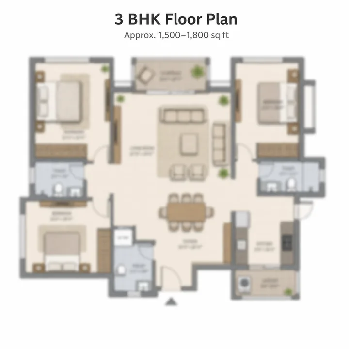 Goyal Soukya Road 3 BHK apartment floor plan, indicative 1,500 to 1,800 sq ft Goyal Soukya Road 3 BHK apartment floor plan, indicative 1,500 to 1,800 sq ft