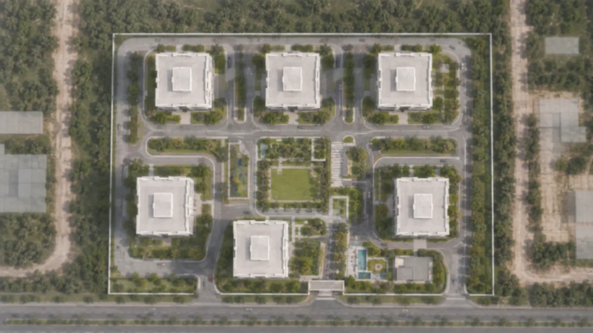 Goyal Soukya Road indicative master plan across the 12-acre parcel, showing six tower footprints around a central green at the density this corridor actually builds Goyal Soukya Road indicative master plan across the 12-acre parcel, showing six tower footprints around a central green at the density this corridor actually builds